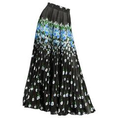 1970s Pleated Gauze Maxi Skirt with Cascading Florals + Huge Sweep