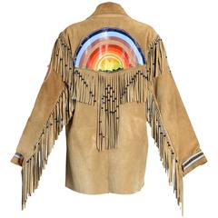 Retro One of a Kind 1960s Hand Painted Rainbow Suede Jacket with Fringe