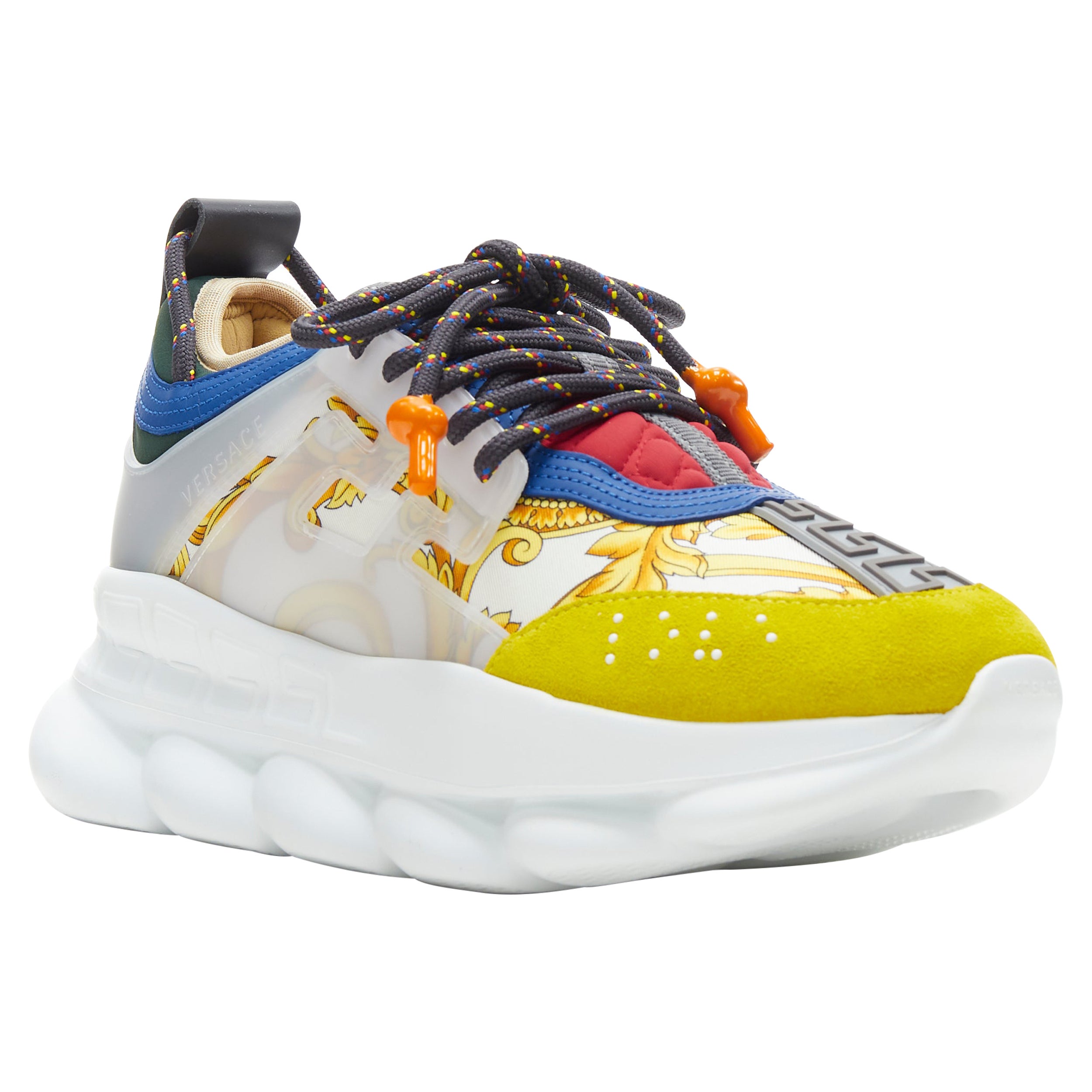 new VERSACE Chain Reaction gold barocco twill yellow blue suede sneaker  EU40 US7 For Sale at 1stDibs | versace chain reaction blue gold, versace  chain reaction yellow
