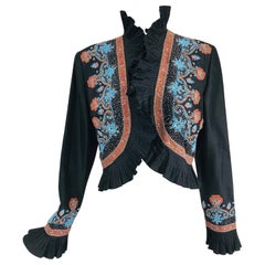 Mary Ann Restivo Embroidered Black Silk Taffeta Bolero Jacket 