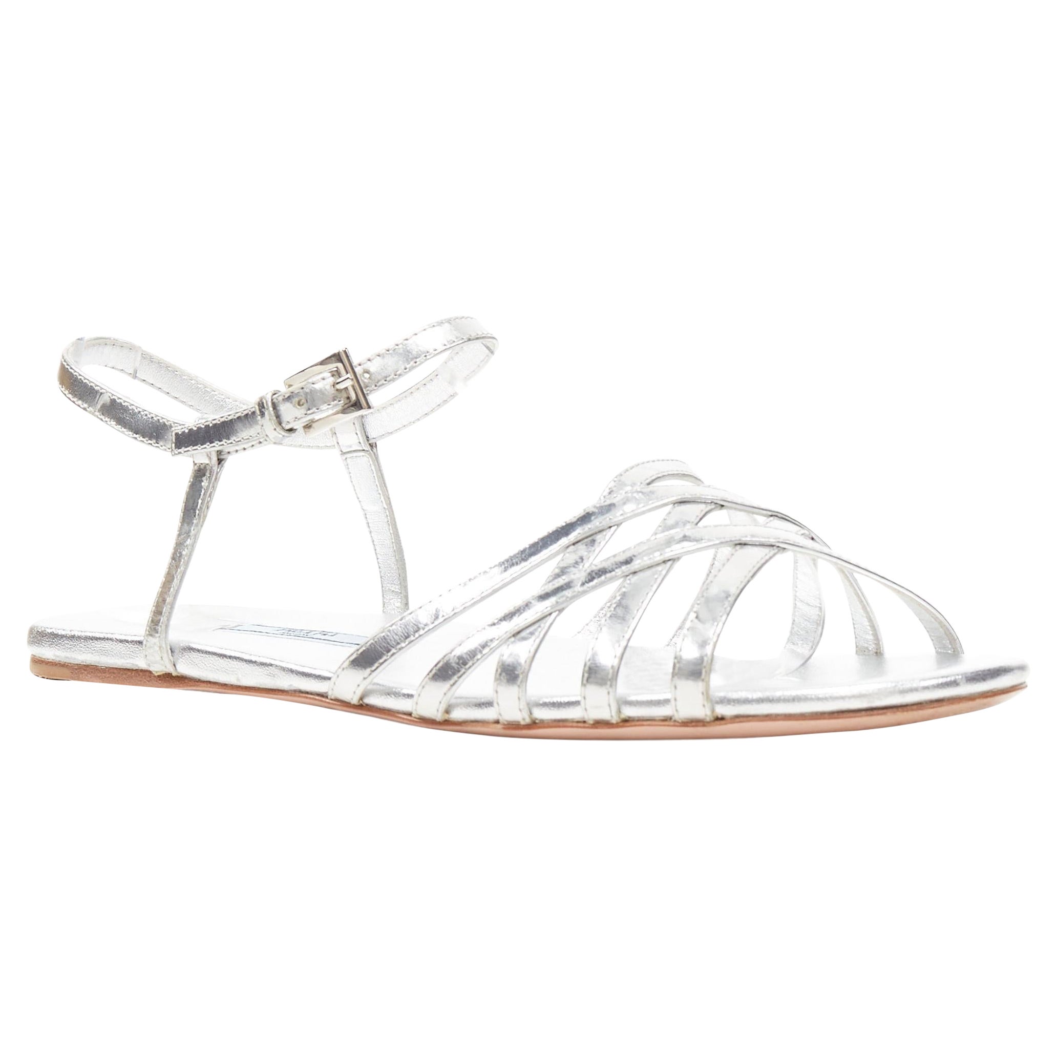 PRADA metallic silver criss cross strap open toe ankle strap flat sandals EU37.5