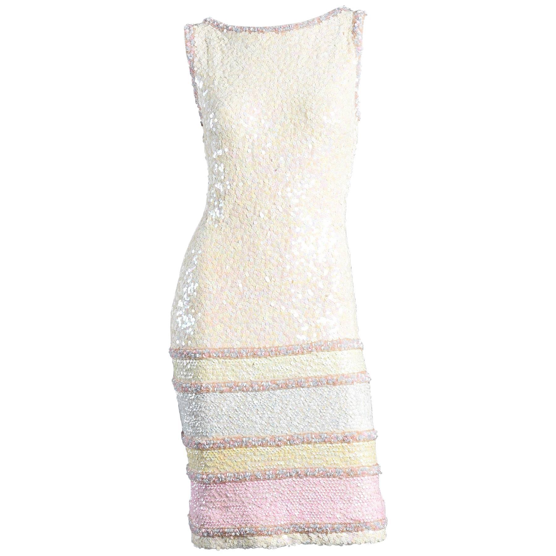 Pastel Striped Sequin Encrusted Knit Wool Cocktail Dress For Sale