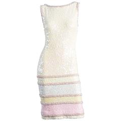 Vintage Pastel Striped Sequin Encrusted Knit Wool Cocktail Dress