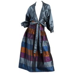 1970s Metallic Striped Silk Skirt & Blouse Dress Ensemble