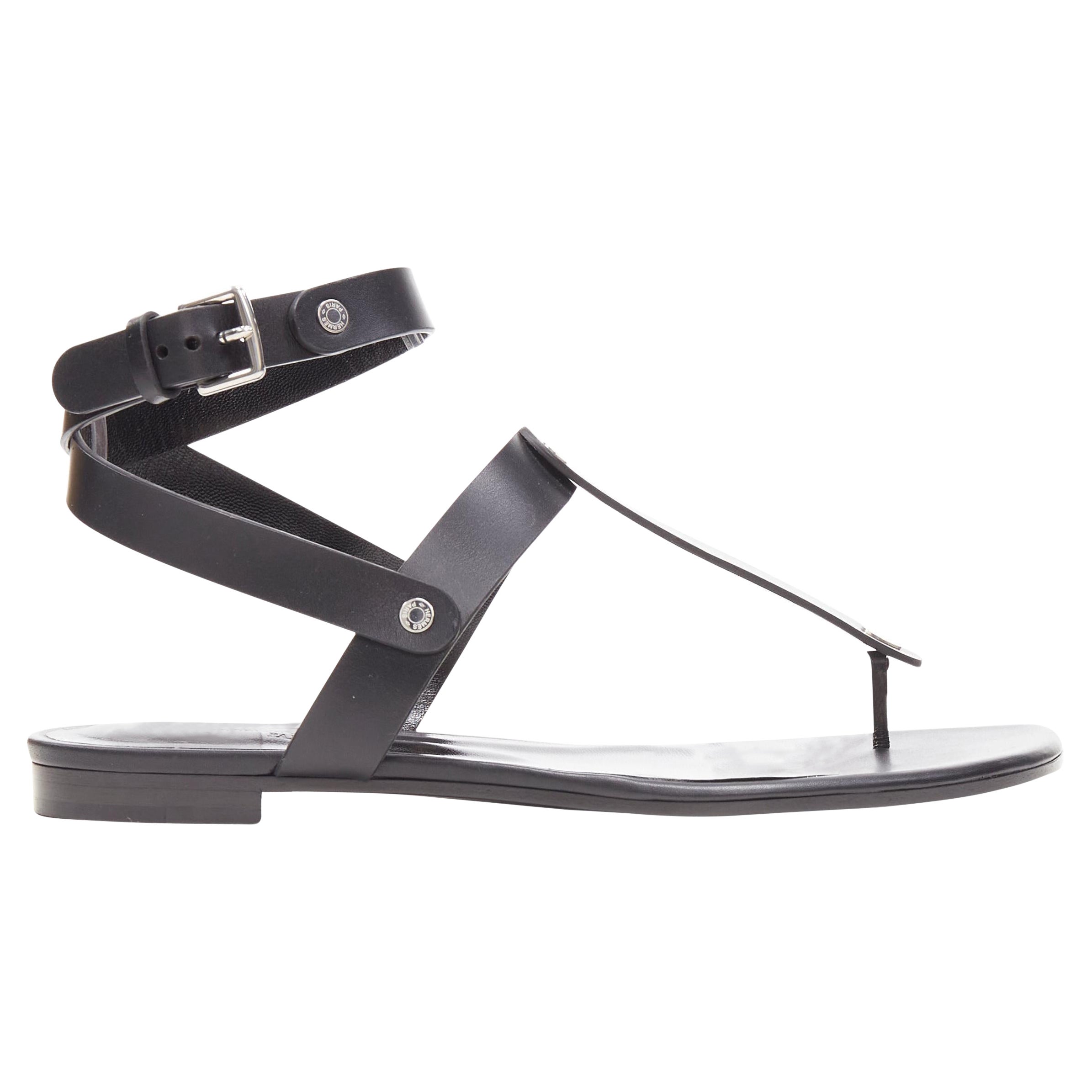 new HERMES black leather silver logo stud ankle strap thong sandals EU37.5