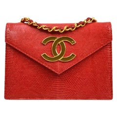 CHANEL Red Lizard Exotic Skin Leather Gold CC Small Mini Evening Shoulder Bag