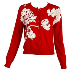 Oscar de la Renta Red Wool Cardigan Sweater White Floral Sequin Applique