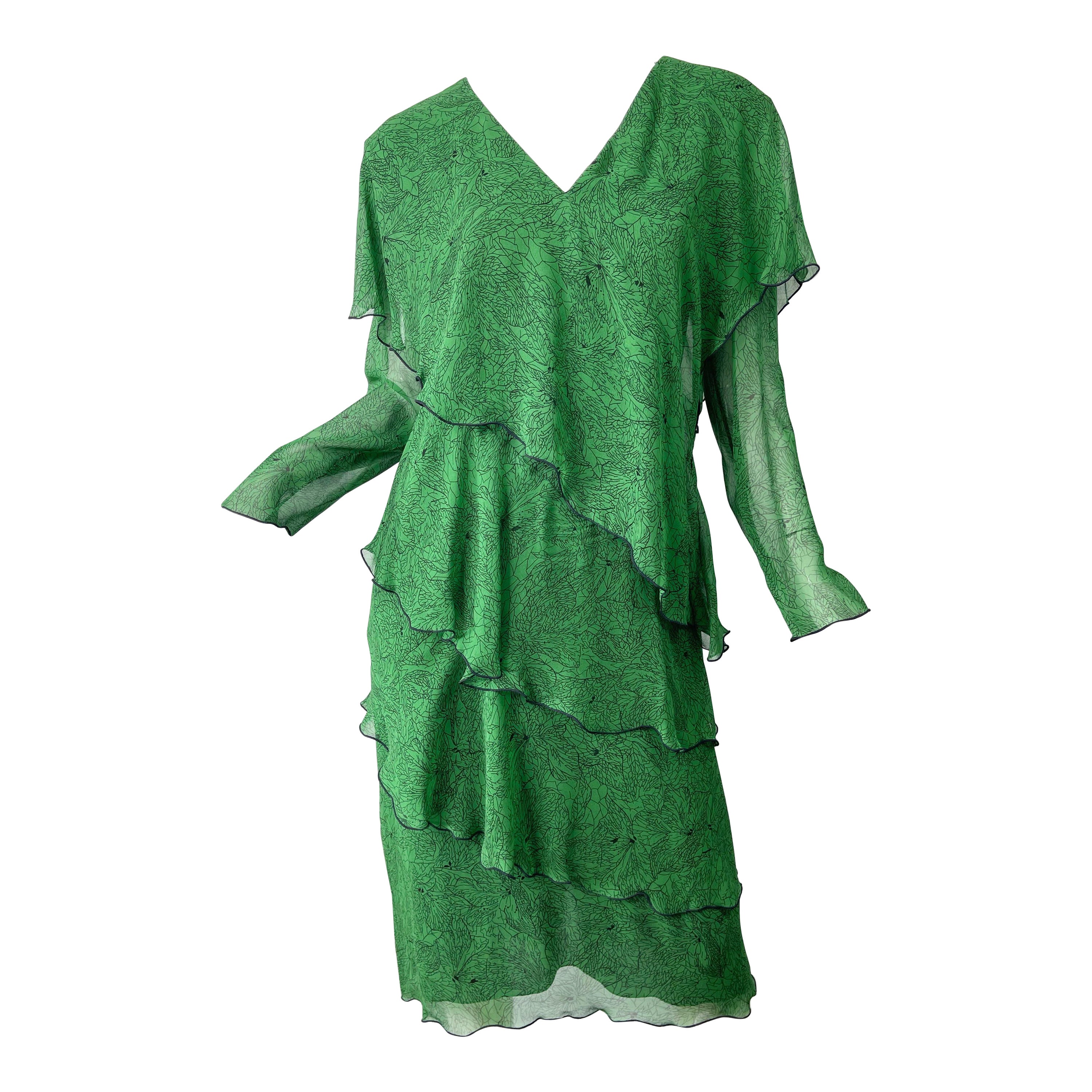 1970s Holly’s Harp Green Leaf Print Silk Chiffon Tiered Vintage 70s Dress