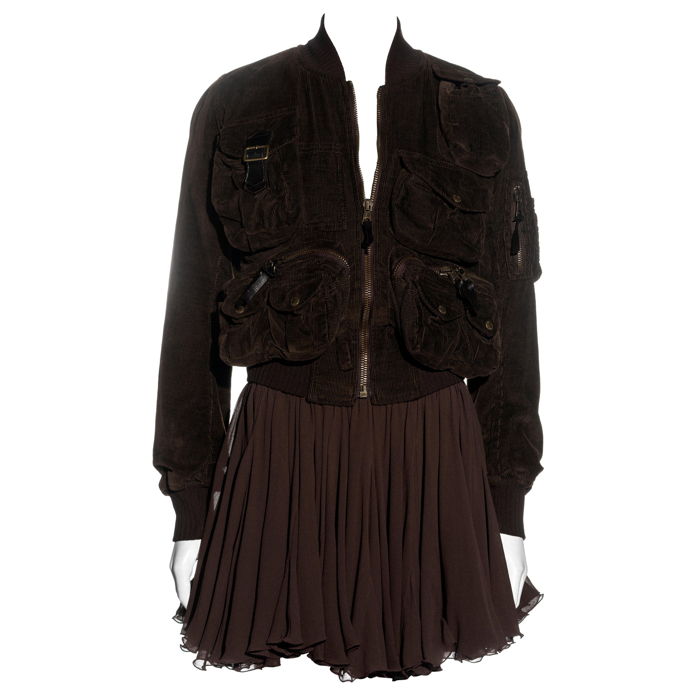 Dolce & Gabbana brown corduroy multipocket jacket and mini skirt set, fw 2002