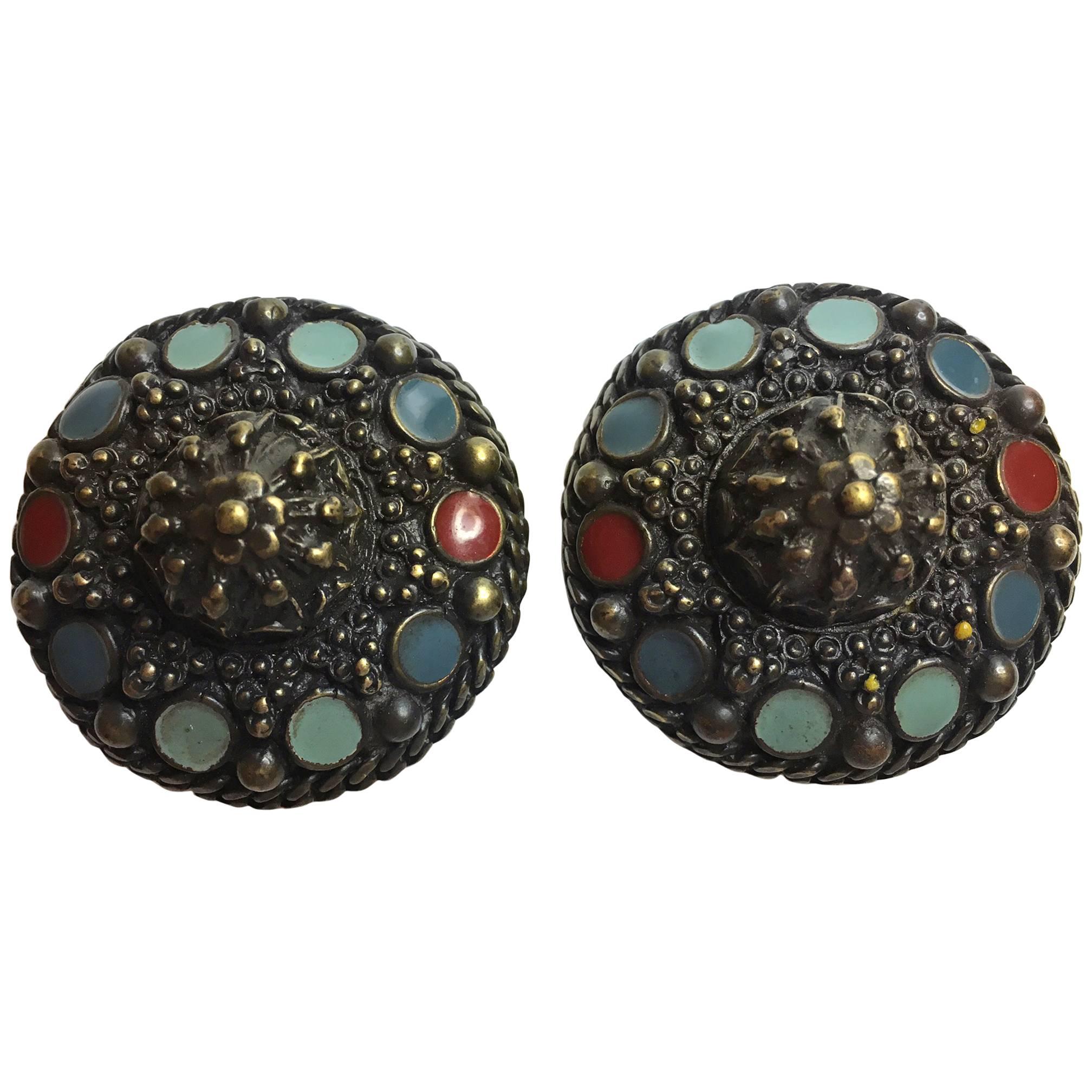 1990's Jean Paul Gaulthier Medieval style Large Enameled Jewels  Earrings For Sale