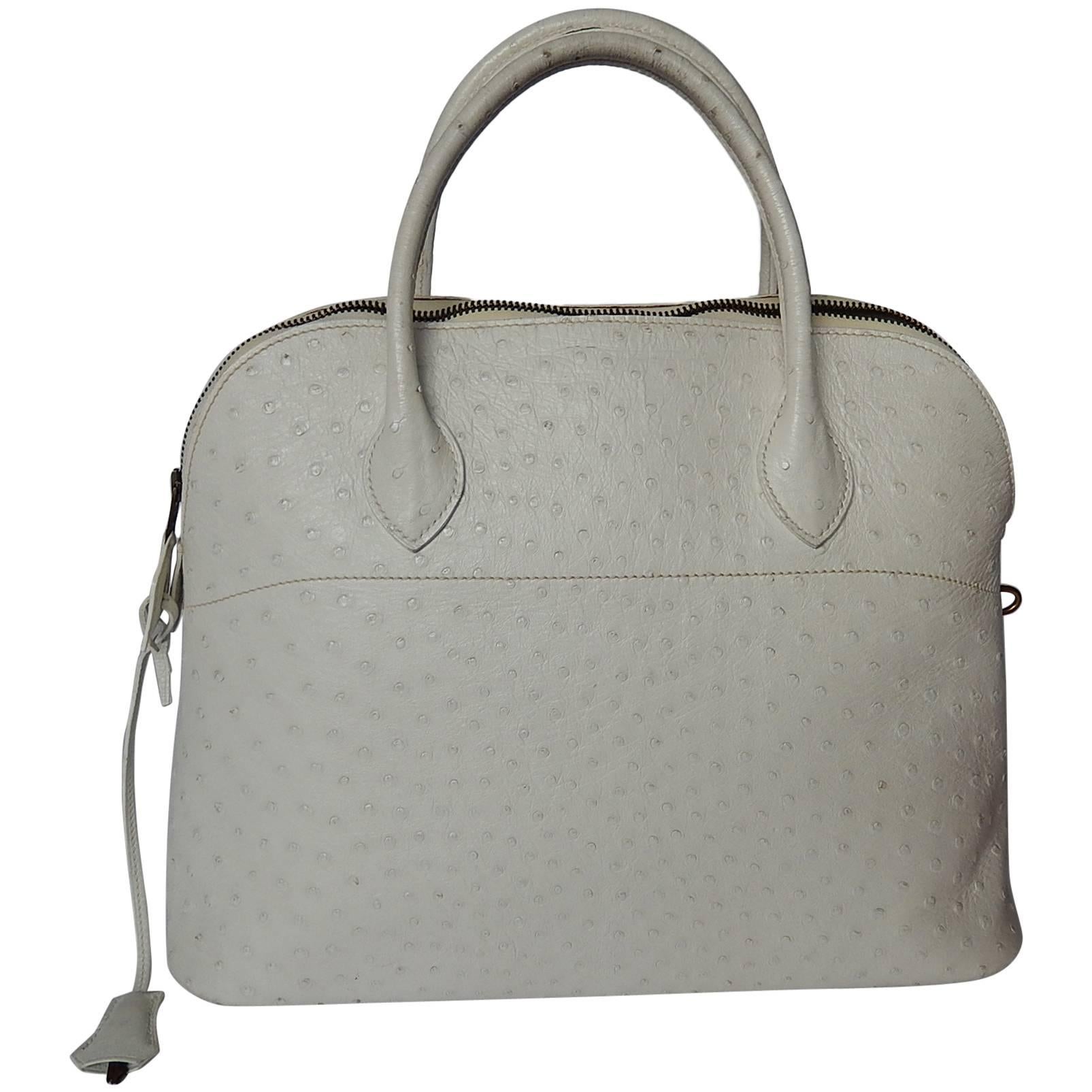 Hermes Ultra Rare White Exotic Ostrich Bolide Bag 37 Cm For Sale