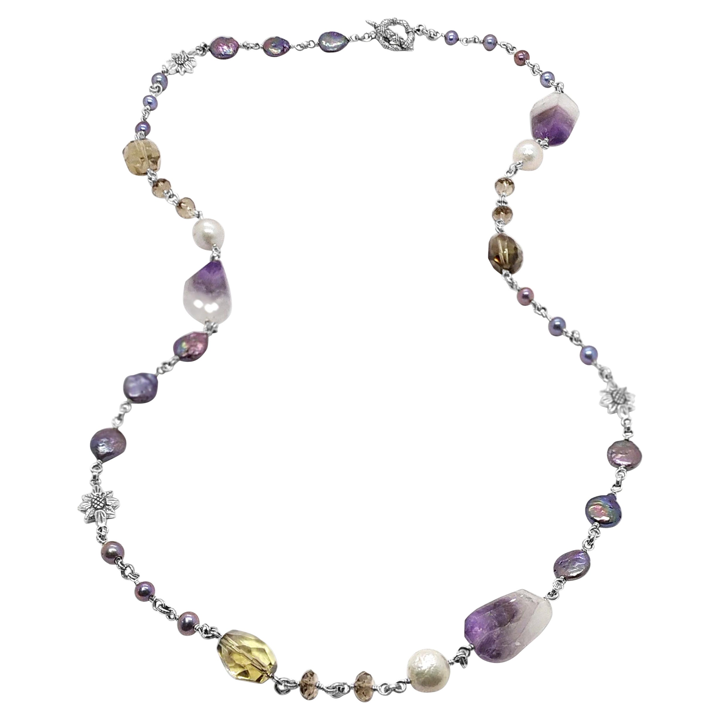 Pearl Amethyst And Smoky Quartz Necklace In Sterling Silver - 36 Inches