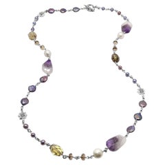 Pearl Amethyst And Smoky Quartz Necklace In Sterling Silver - 36 Inches