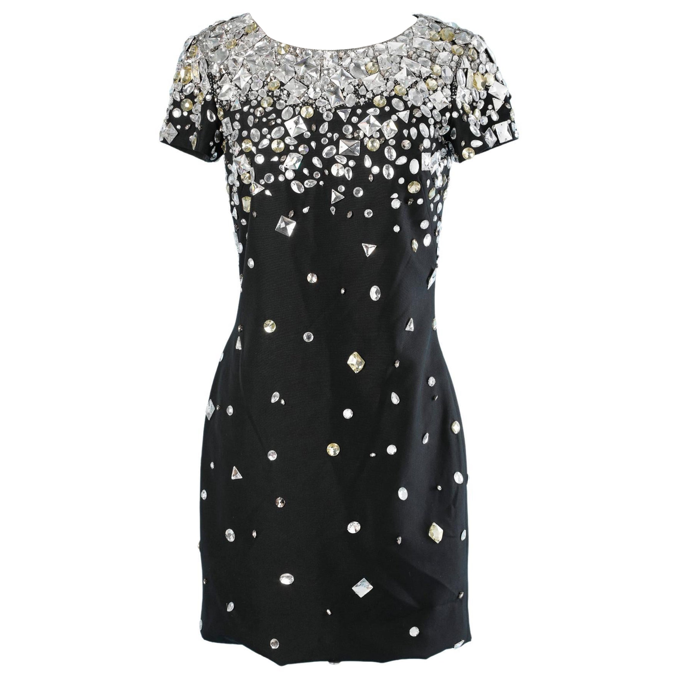 Black dress with rhinestone cabochon embroidered Marchesa  For Sale