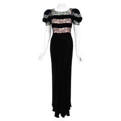 Vintage 1930's Black Silk Velvet & Lace Sheer Illusion Puff Sleeve Bias-Cut Gown