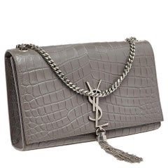 Saint Laurent Croc Embossed Leather Medium Kate Monogram Tassel Shoulder Bag