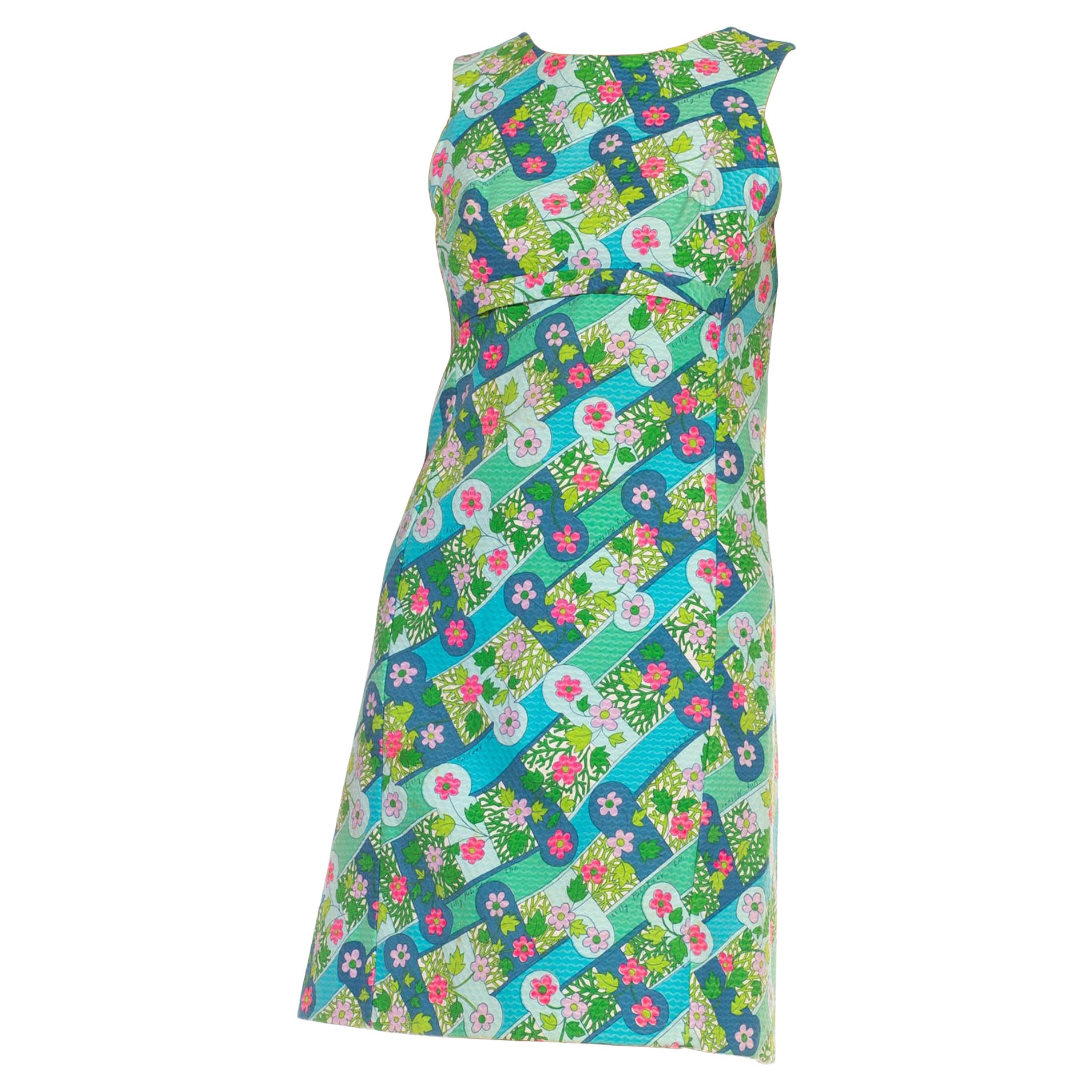 Lilly Pulitzer Psychedelic Geometric Floral Printed Dr, Baumwolle in Blau & Rosa, 1960er Jahre im Angebot