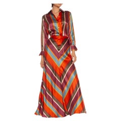 1970S Liz Claiborne Orange Purple & Green Silk Striped Blouse Skirt Ensemble