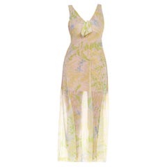 1970S Vera White & Green Polyestser Front Tie Butterfly Printed Slip Dress