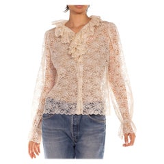 1970S Ivory Polyester Lace Ruffle Collar & Cuffs Blouse