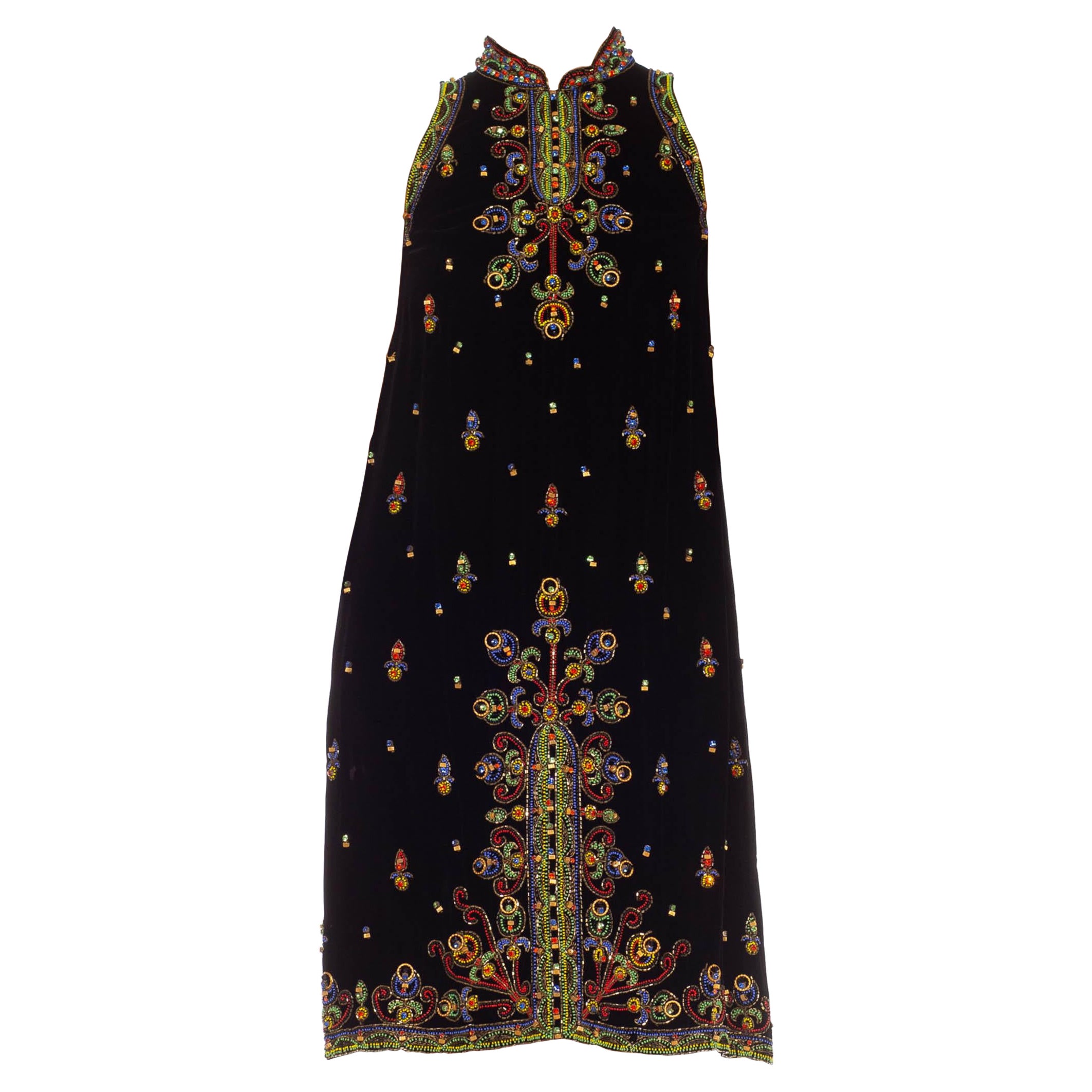 1960S Black & Gold Silk Velvet Beaded Dress For Sale