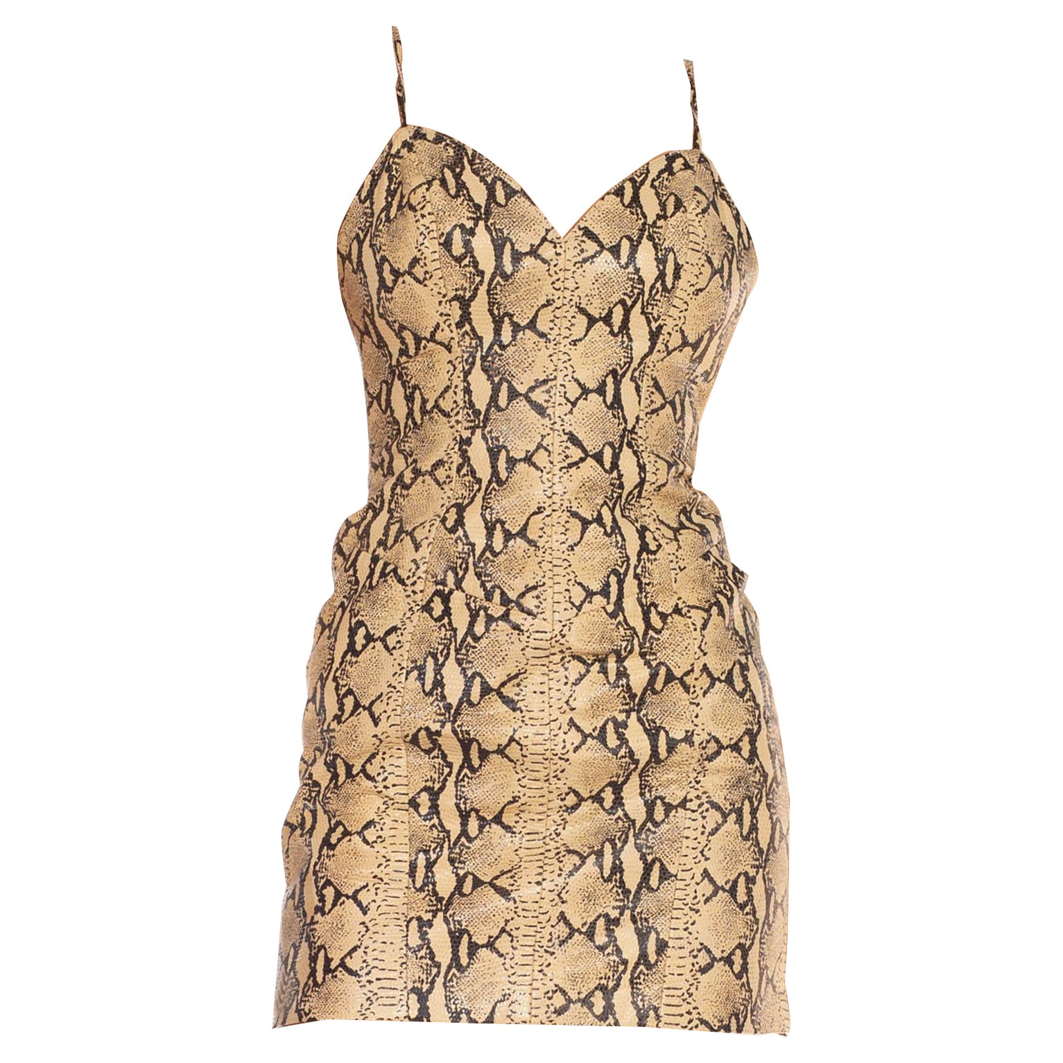 2000S Cream & Black Leather Snake Embossed Printed Cocktail Dress