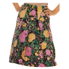 Retro 1990S MIU Green, Gold & Black Silk Lurex Blend Jacquard Skirt