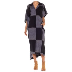 1970S Issey Miyake Grey & Black Cotton Checkered Woven Kaftan