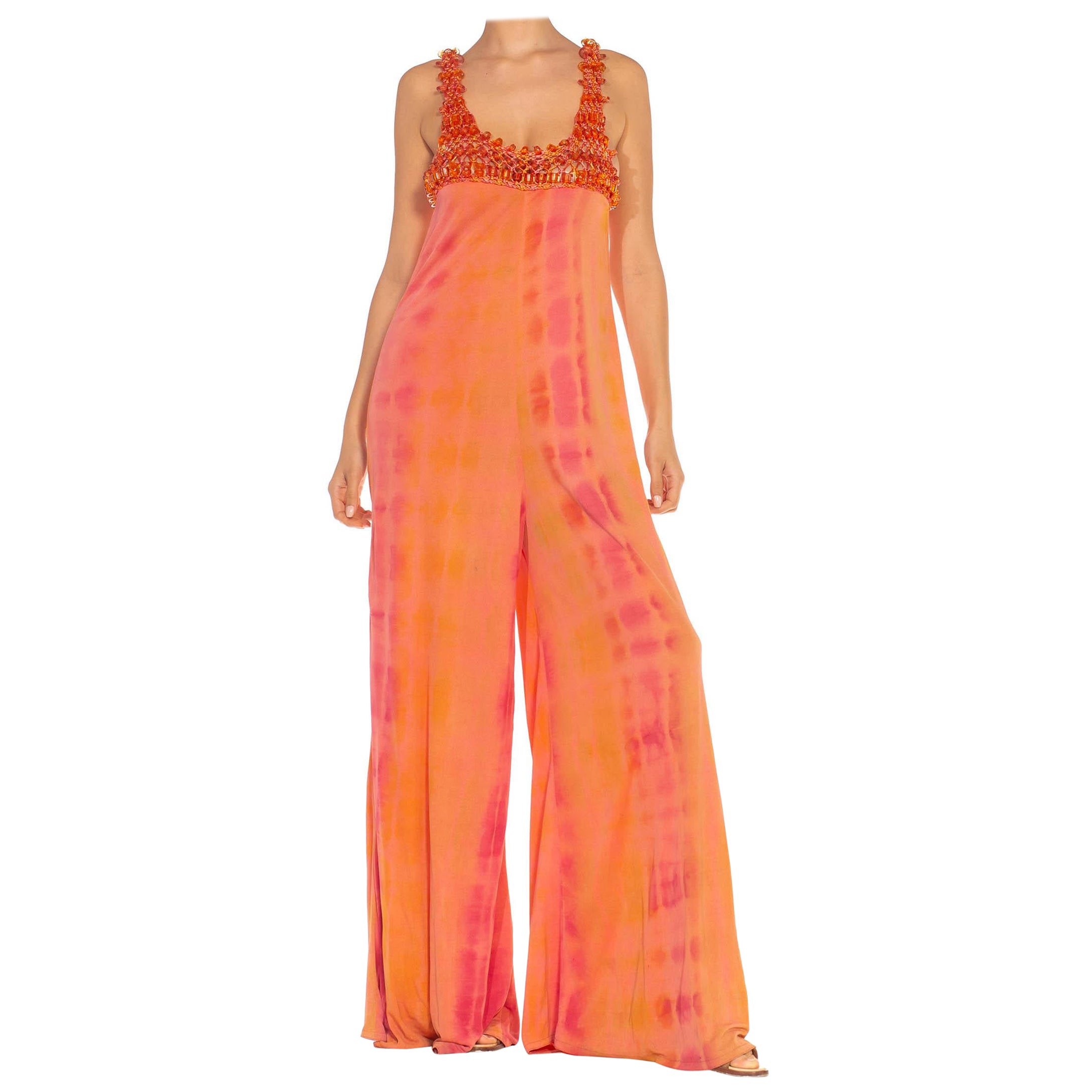2000S Orange Peach Poly Blend Jersey Tie Dye Jumpsuit With Crochet Beaded Straps For Sale