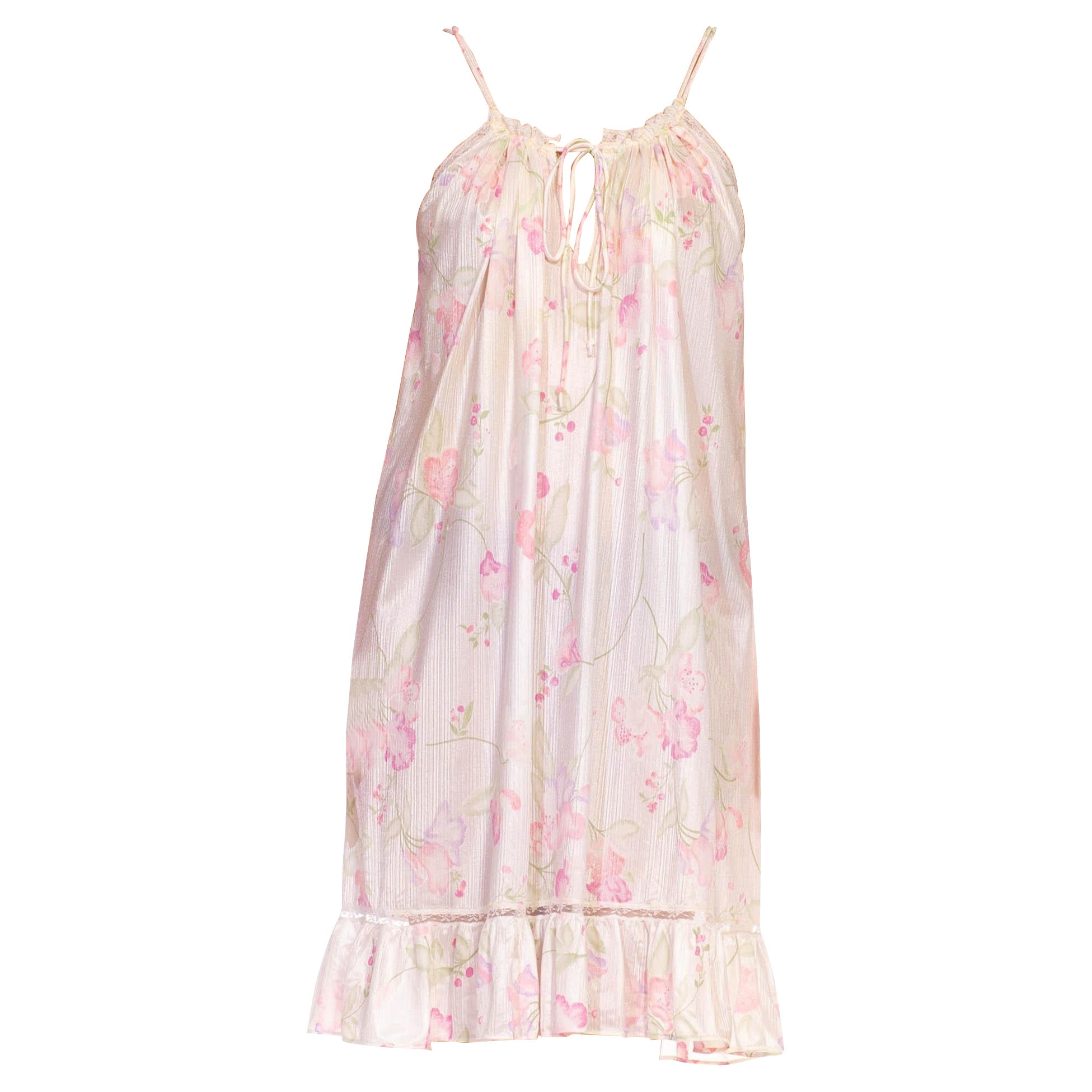 1980S White & Pink Nylon Floral Drawstring Straps Slip Dress For Sale