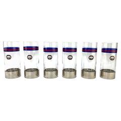Vintage 1970s Gucci Silver Plate Blue & Red Web GG Logo Highball Glasses New Old Stock