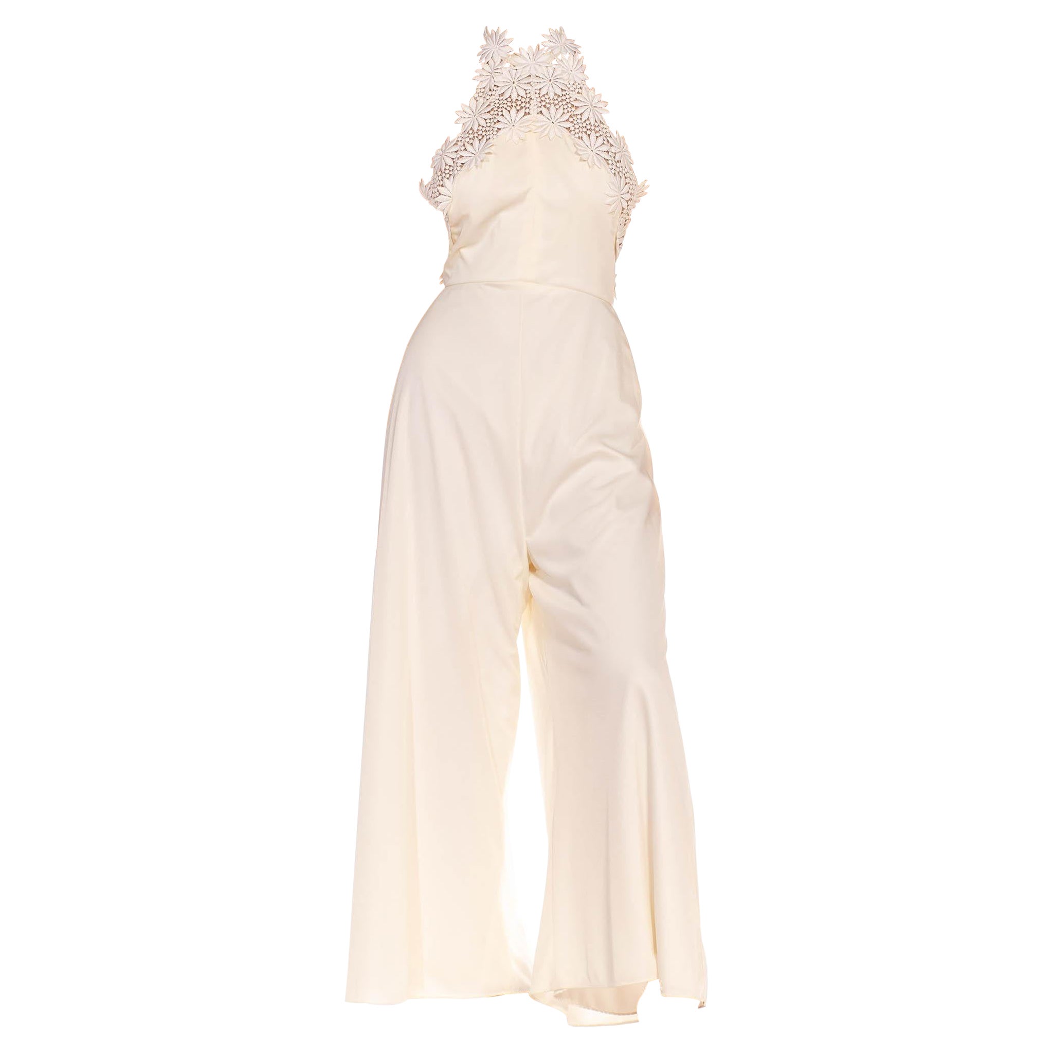 1970S White Nylon Floral Lace Halter Neck Jumpsuit