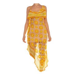 Morphew Collection Orange Yellow & White Cotton Sexy Crochet Flower Dress With 