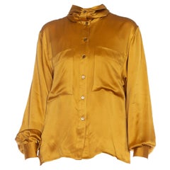 1980S Gucci Mustard Gold Silk Satin Button Up Blouse