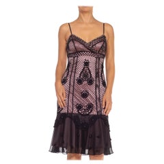 1990S Black & Blush Pink Satin Chiffon Beaded 1920'S Flapper Style Crochet Dress