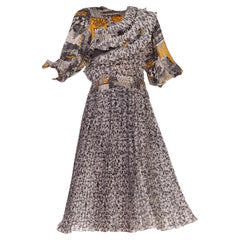 Retro 1970S Diane Freis Black & White Silk Arabian Printed Dress With Ruffles