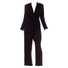 1980S Black Polyester Acetate Blend Crepe High Waisted Wrap Top Jumpsuit