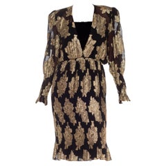 1980S Black & Gold Silk Velvet Chiffon Lamé Floral Gown