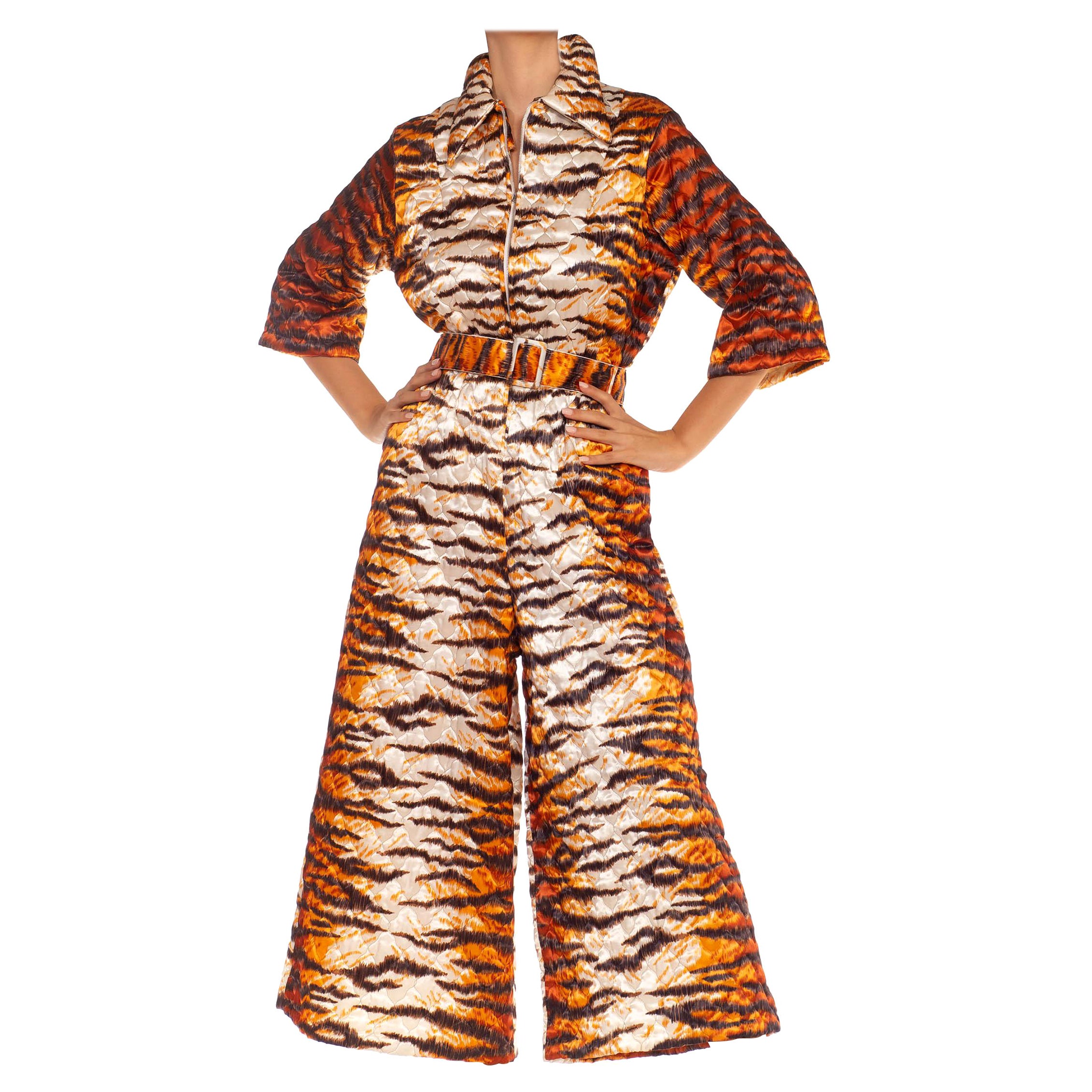 1970S Orange & White Polyester Blend Quilted Tiger Print Jumpsuit For Sale
