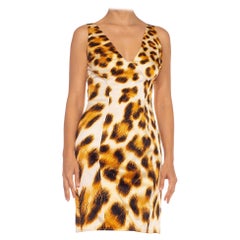 2000S Roberto Cavalli Cream & Brown Silk Elastane Satin Sexy Leopard Print Dres