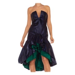 Vintage 1980S Yves Saint Laurent Navy & Green Silk Taffeta Ruffle Tiered Strapless Cock