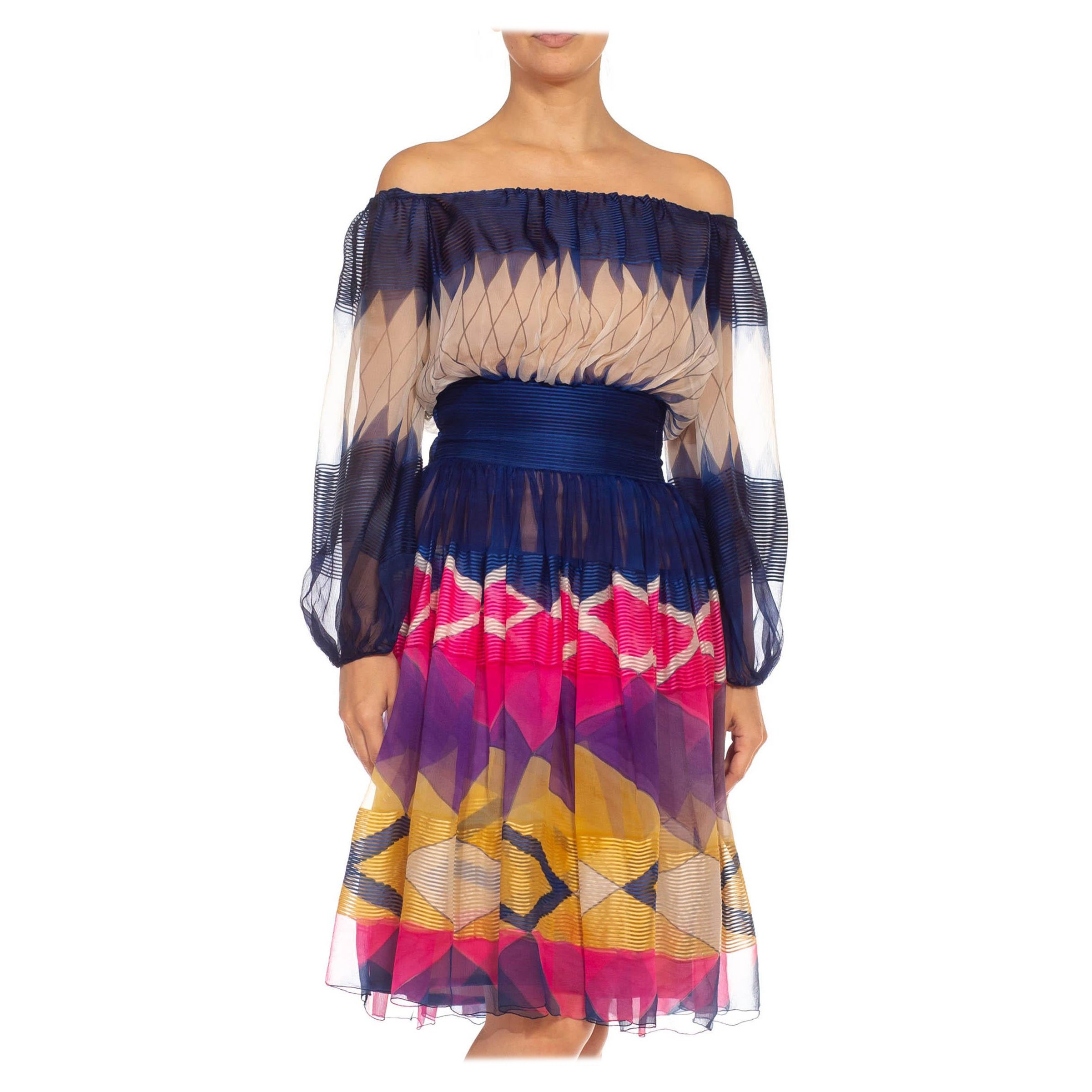 1970S Jean Patou Blue & Pink Silk Chiffon Geometric Couture Dress For Sale