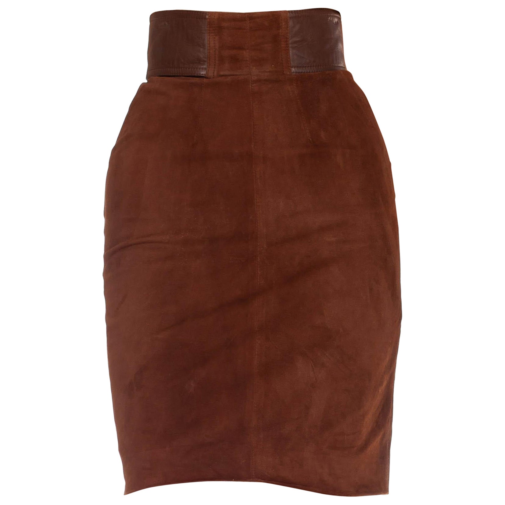 1970S GUCCI Chocolate Brown Suede & Leather Belted Skirt For Sale