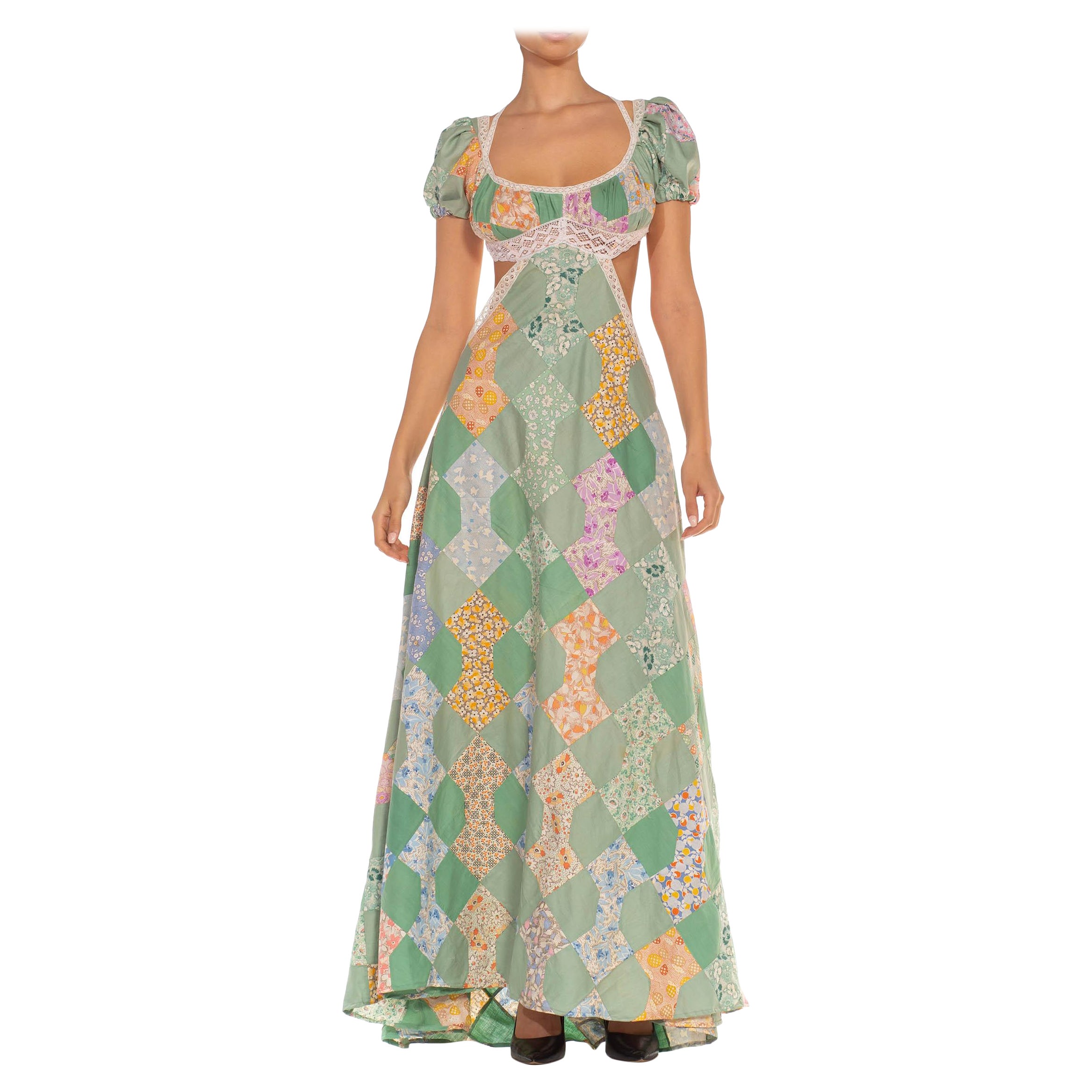 Morphew Collection Green & Orange Organic Cotton Victorian Lace Trim Gown Made  For Sale