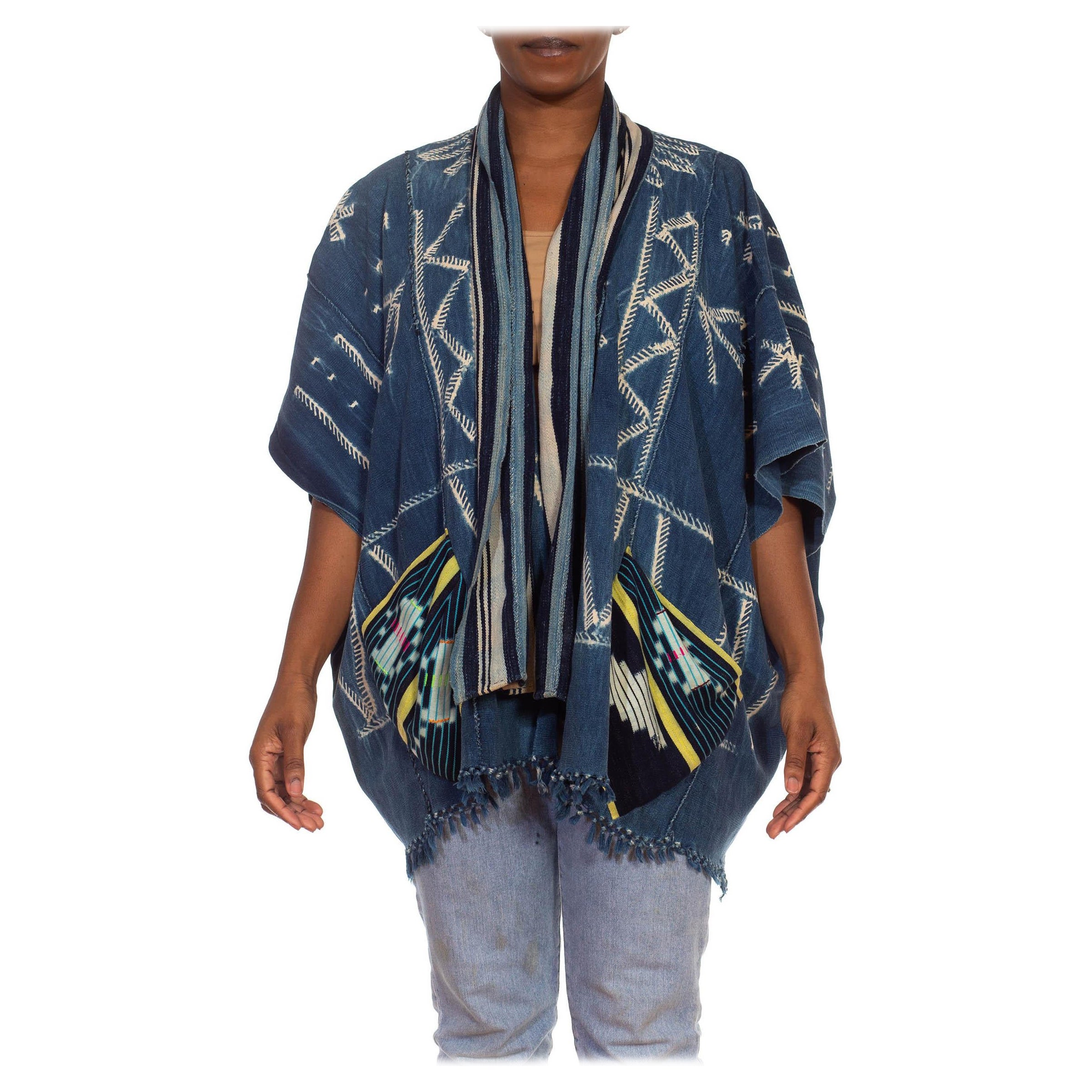 Morphew Collection Blue & Ivory Cotton Denim Hand Woven African Indigo Poncho For Sale