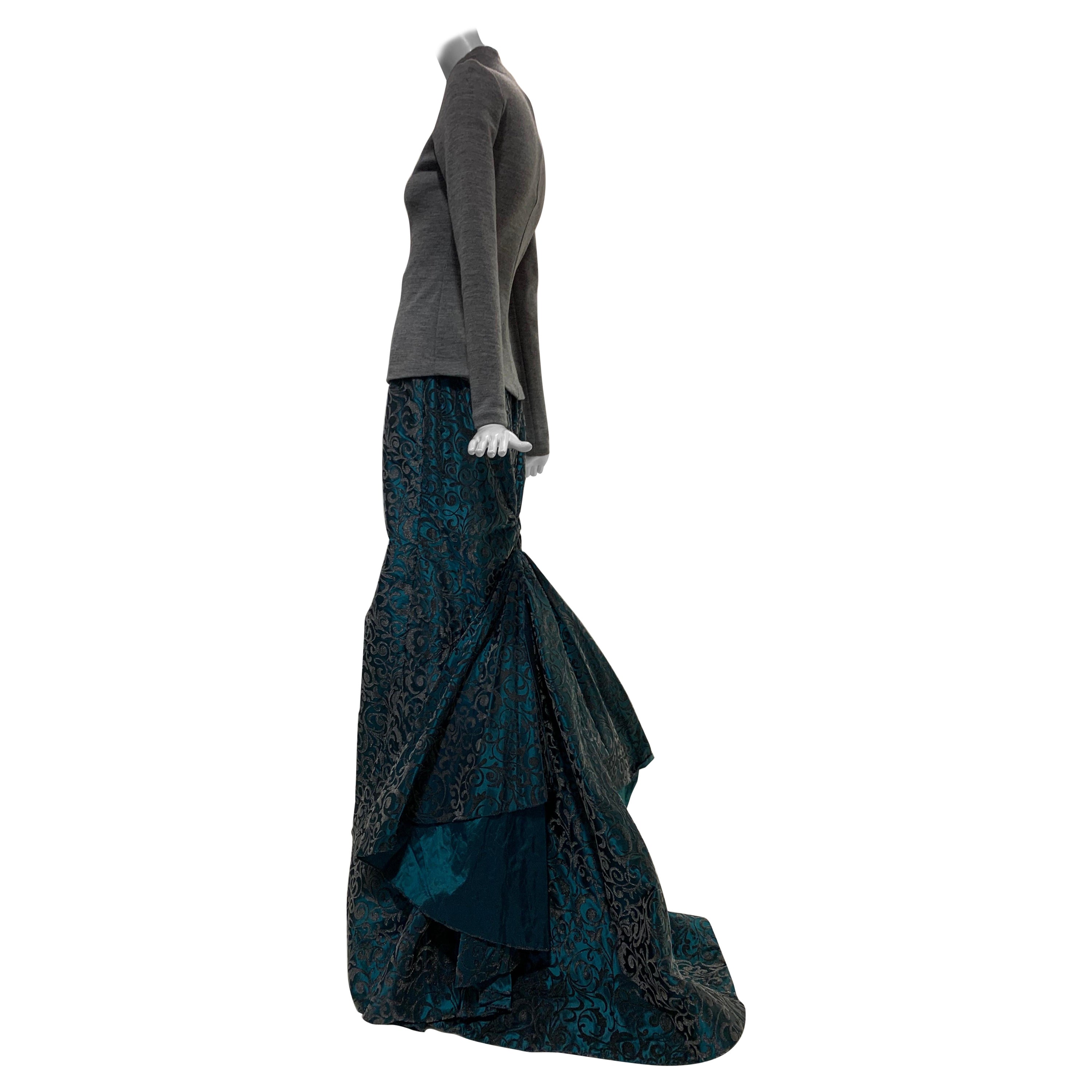 1990 Couture Grey Italian Wool Sweater & Teal Taffeta Train Formal Skirt Set For Sale