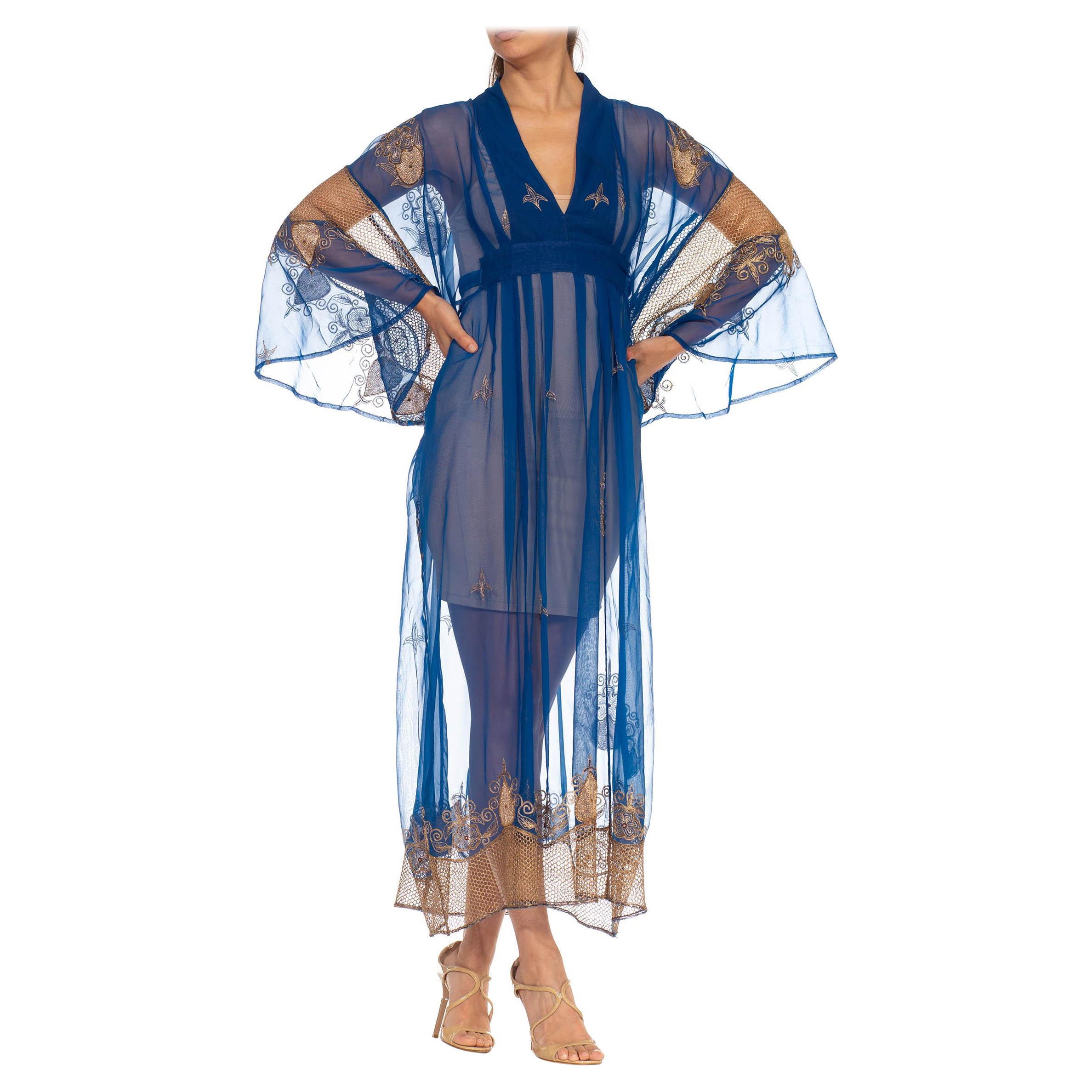 Morphew Collection Blue & Gold Silk Kaftan Made From Vintage Saris For Sale