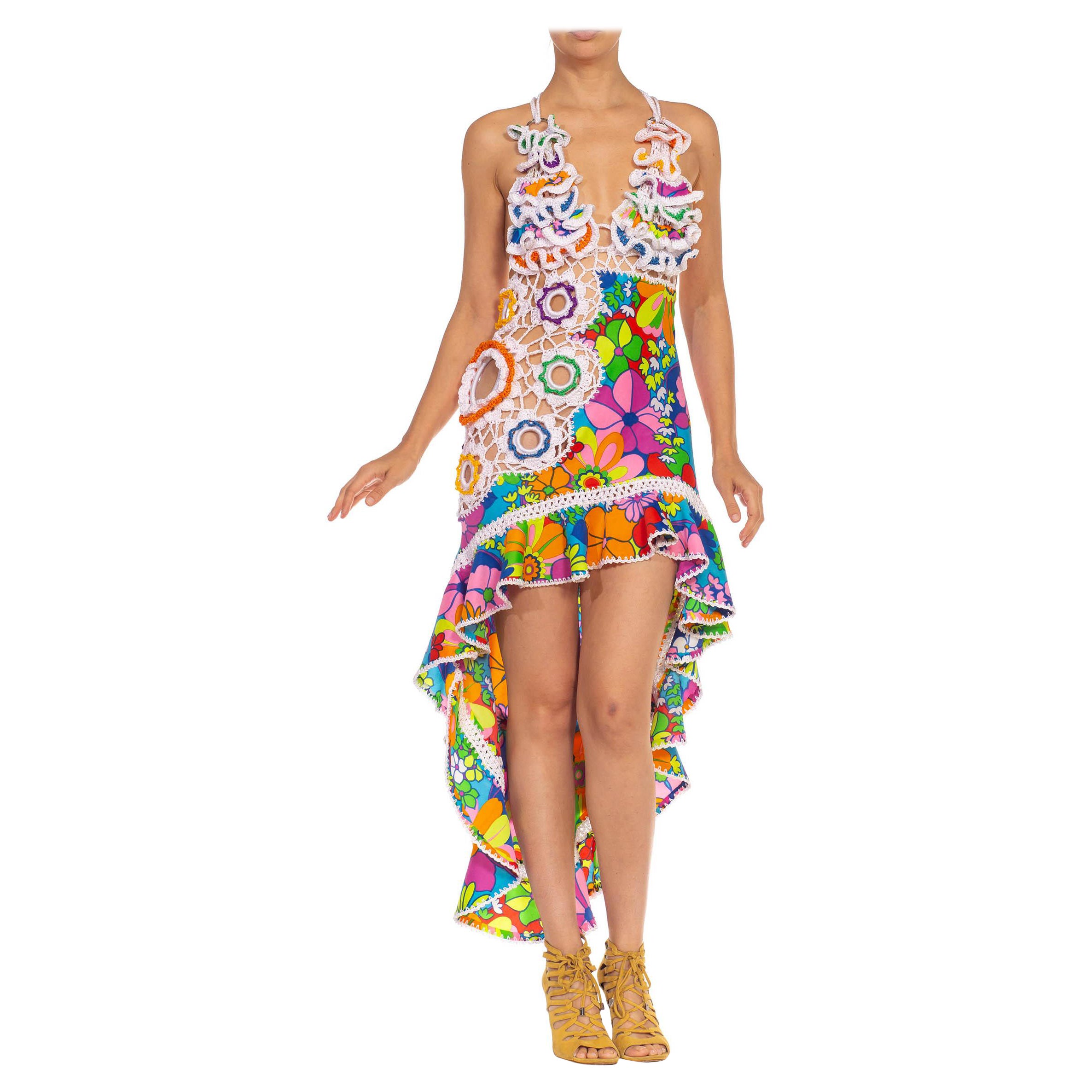 Morphew Collection Rainbow Nylon Hand Crocheted Cocktail Dress Made From 1960'S For Sale