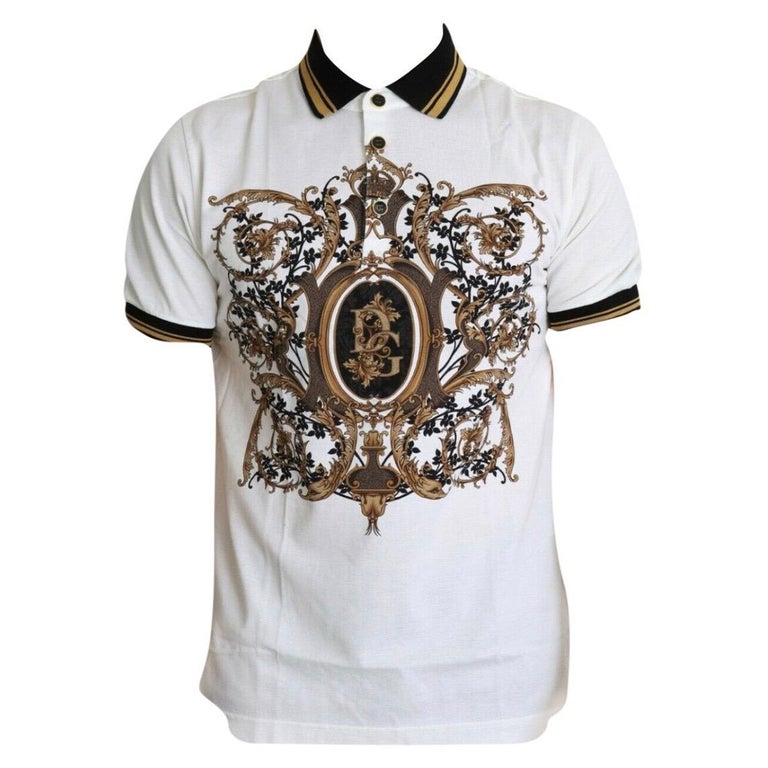 Dolce and Gabbana white gold and black baroque printed cotton polo men t- shirt at 1stDibs