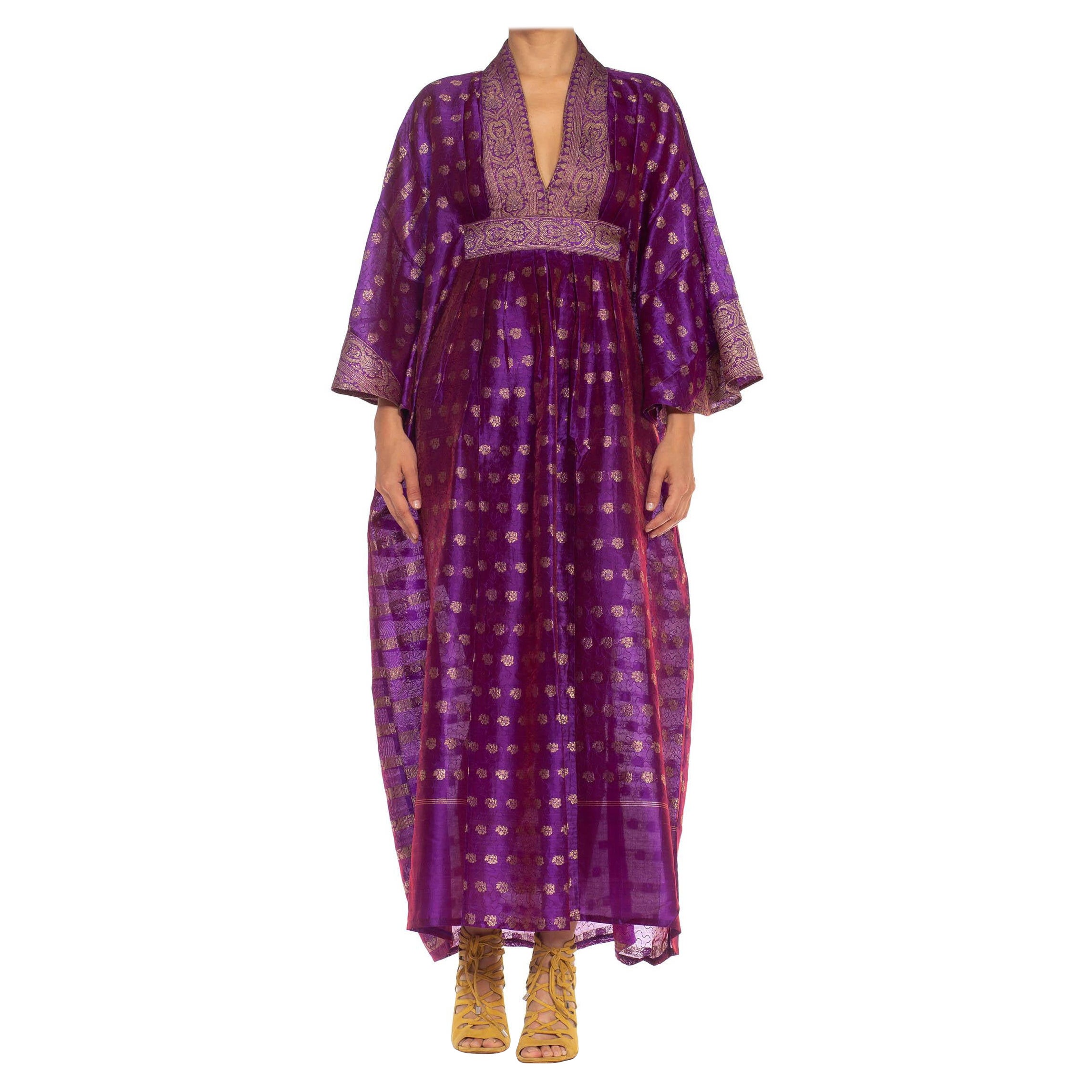 MORPHEW COLLECTION Purple & Gold Silk Kaftan Made From Vintage Saris For Sale